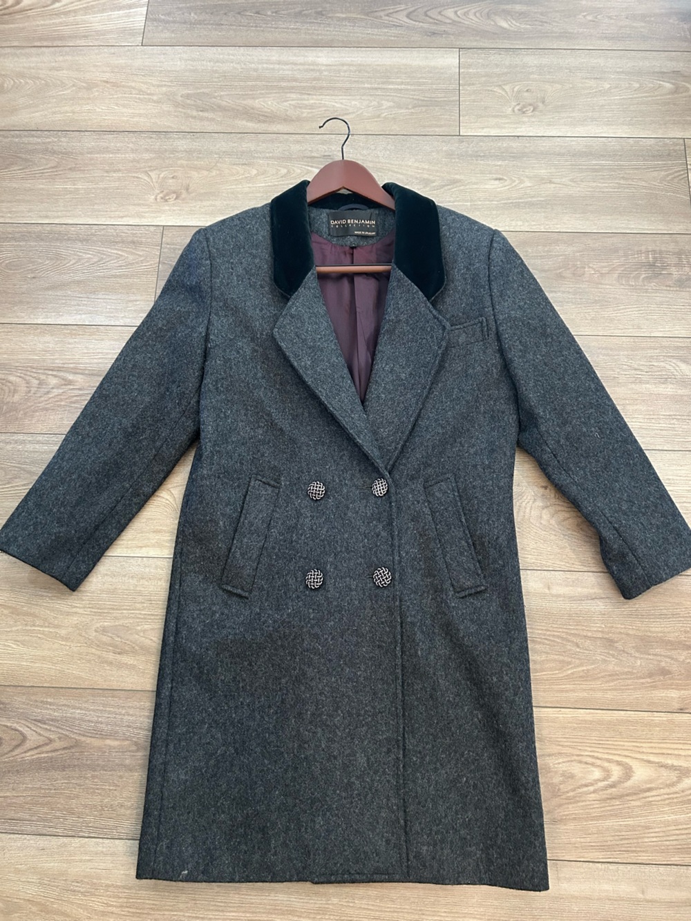Vintage David Benjamin Wool Coat 4 Charcoal Double Breasted Celtic Buttons